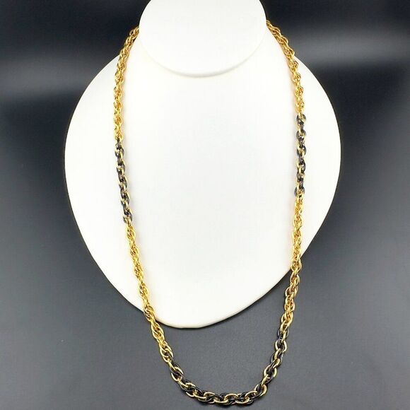 Estate Long Monet Gold Tone Black Enamel Rope Chain Necklace vintage - Picture 1 of 7
